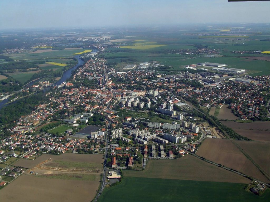 The joint towns of Brandýs nad Labem and Stará Boleslav. The island in the river Elbe is where the rowing club is located