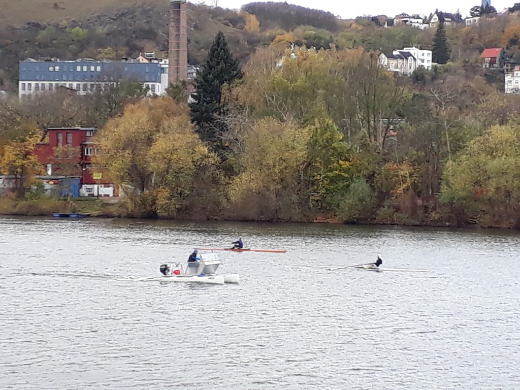 Single Sculls rowing on Vltava river